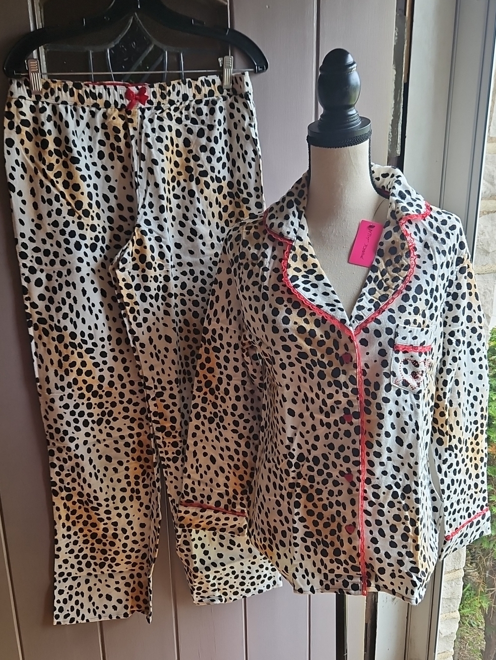 Betsey Johnson Black and Cream Spotted Flannel Pajama Set